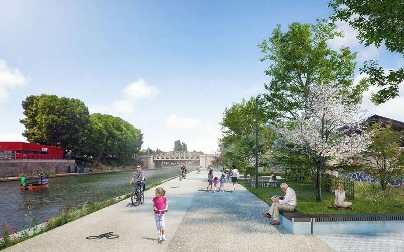 Projection des aménagements des berges du canal Saint-Denis qui doivent être achevés en 2022. Ici, le quai François-Mitterrand, à Aubervilliers, après les travaux.